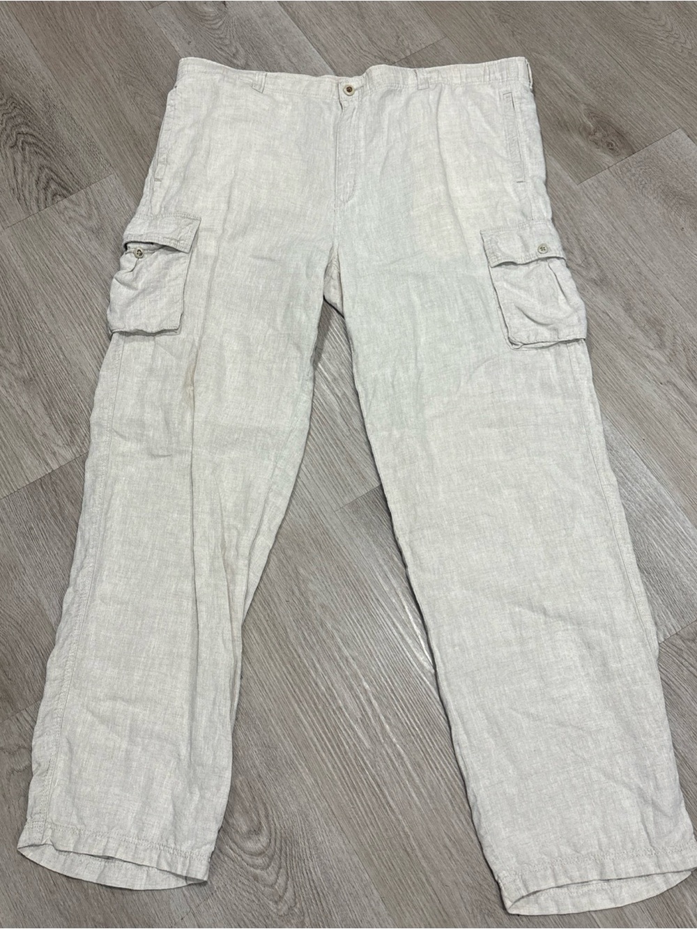 Tommy Bahama Relax Mens L Beige 100% Linen Cargo Pants Wide Leg Drawstring